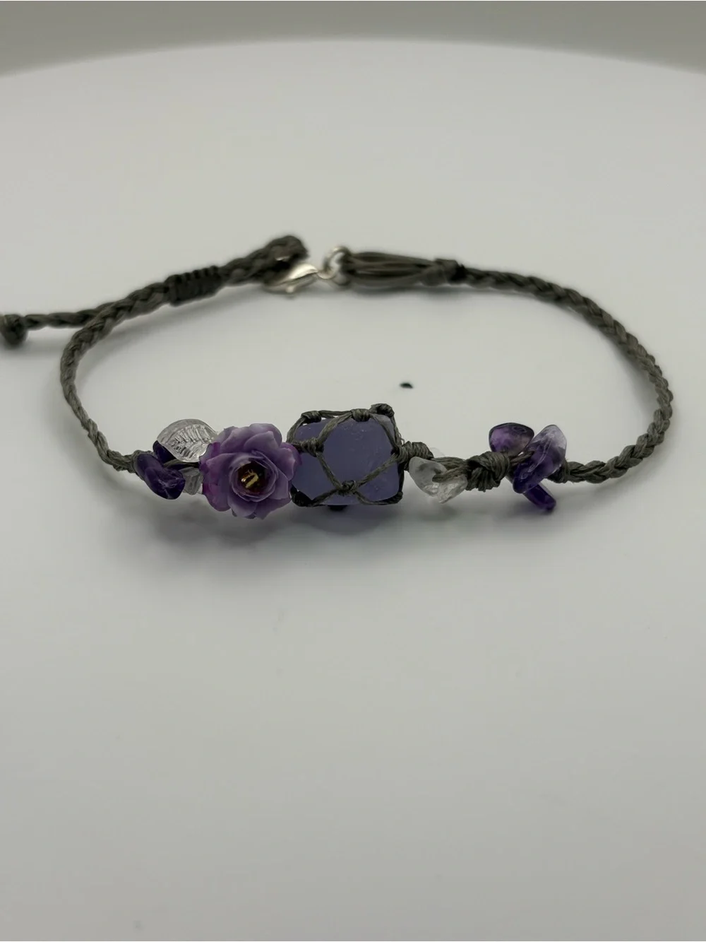 NEW Purple Crystal Stone Rose Braided Cord Bracelet Witchy Boho